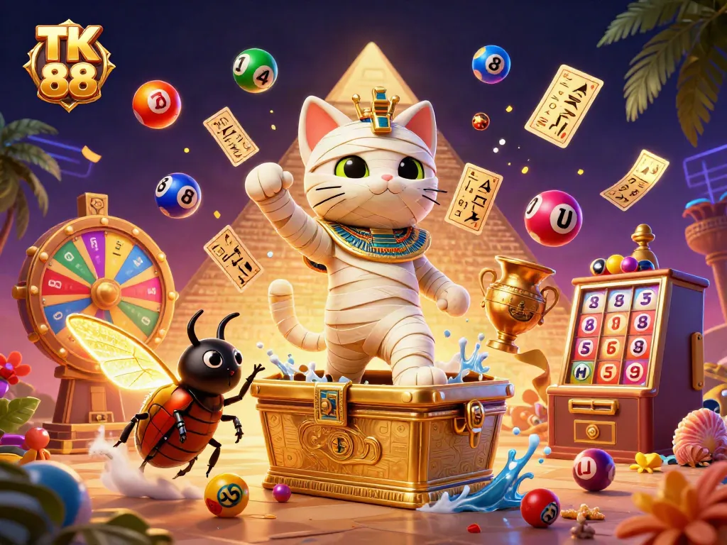 Experience the excitement of TK 88 with a vibrant casino scene featuring a mummy cat and dynamic gaming elements.