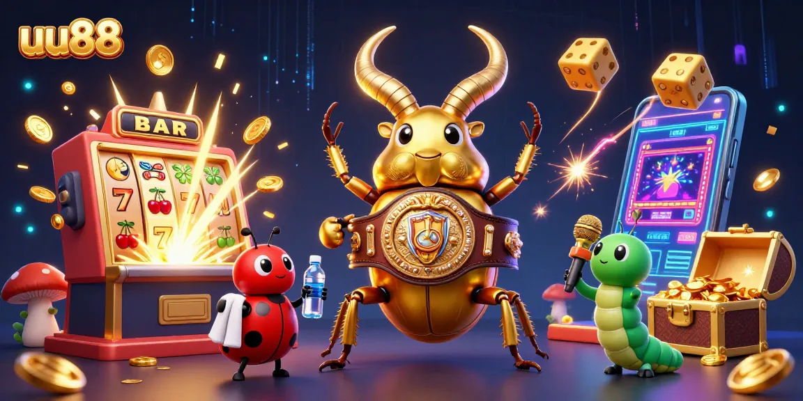 Experience uu88's vibrant casino action with a fantastical boxing beetle and treasure-filled slots.
