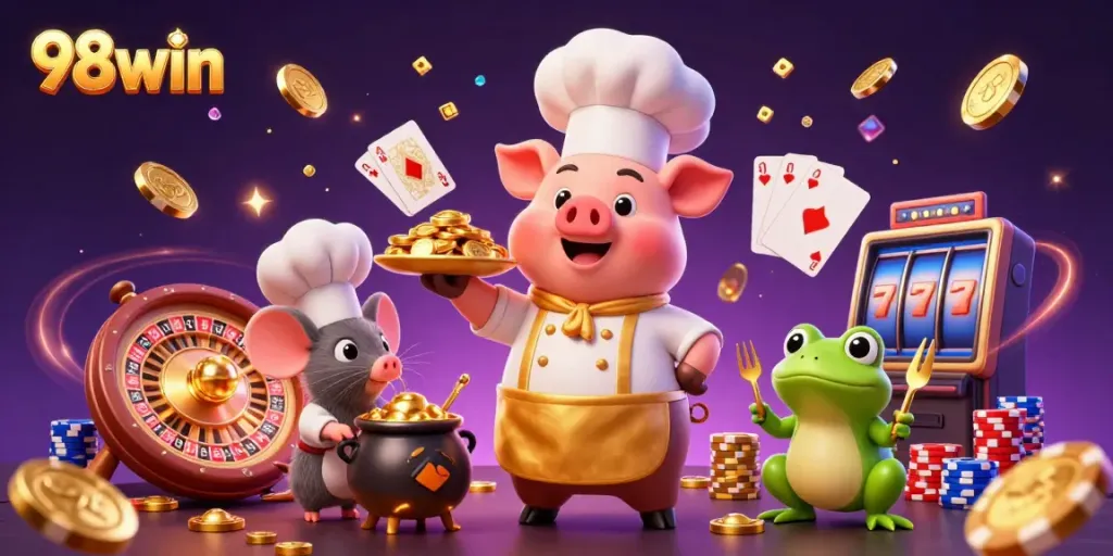 Experience excitement at 98win with gourmet gold coins, 3D characters, and casino elements.