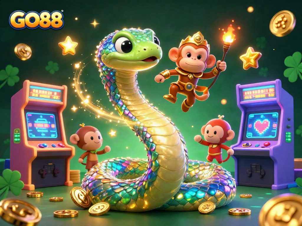 Experience winning moments at GO88 with a colorful casino adventure featuring vibrant characters and gaming imagery.