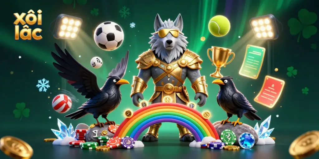 Experience xôi lạc thrills with Odin, ravens, and sports action in a vibrant 3D casino scene.