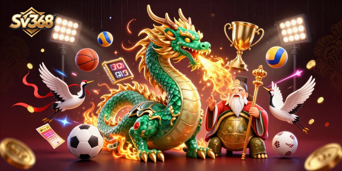 Experience thrilling gameplay at Sv368 featuring a vibrant 3D illustration of a dragon, sage, and sports elements.