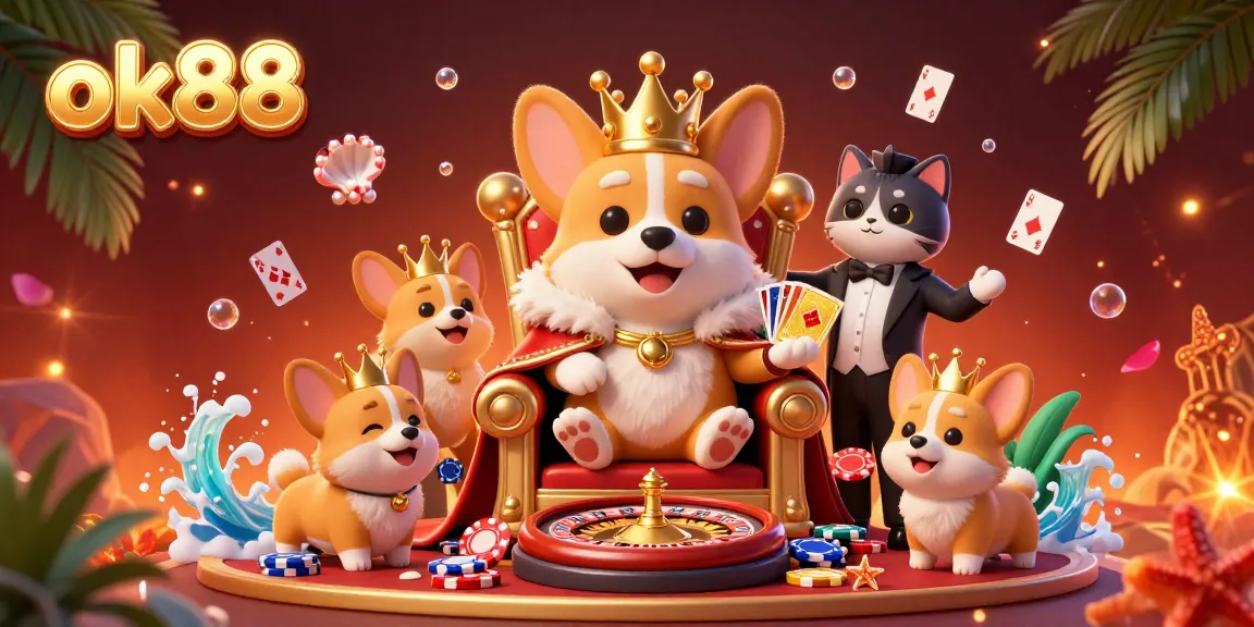 Engage with the excitement of ok88 as a regal corgi commands a casino scene replete with vibrant game elements.