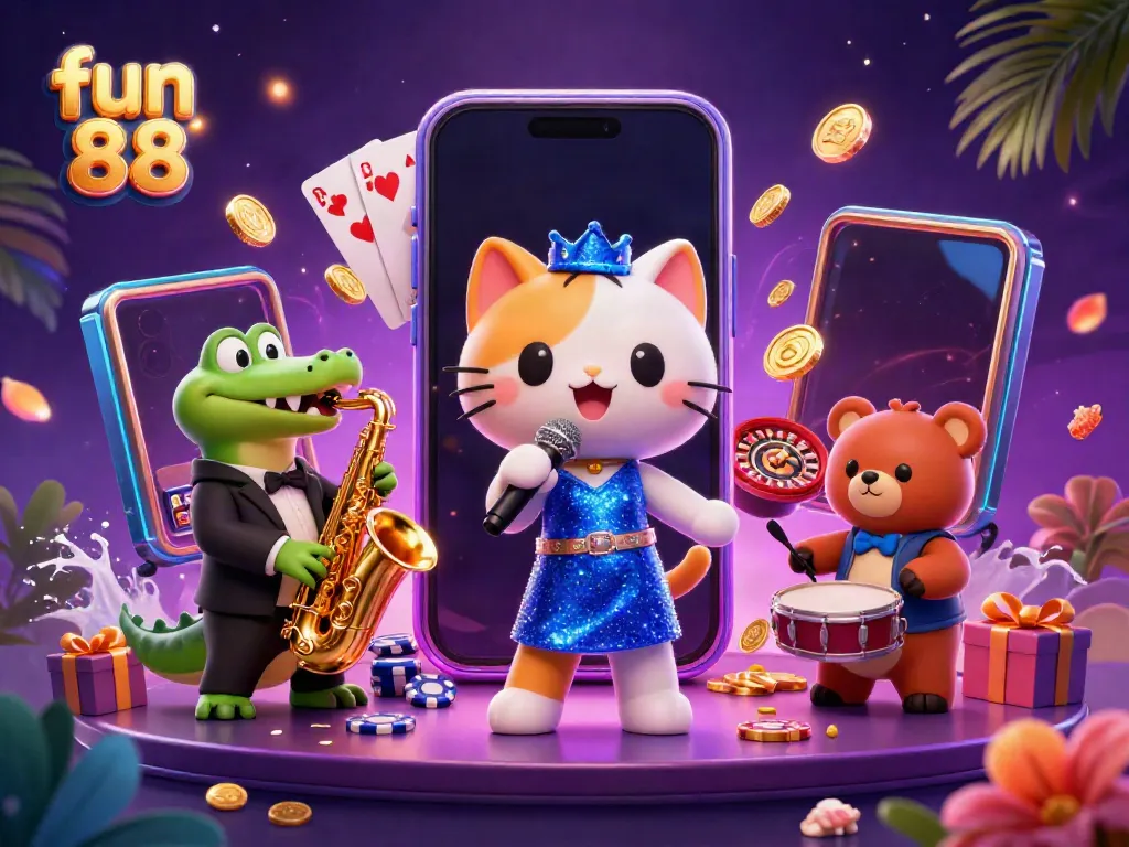 Experience fun 88 with a vibrant 3D illustration showcasing a jazz-singer cat and casino elements.