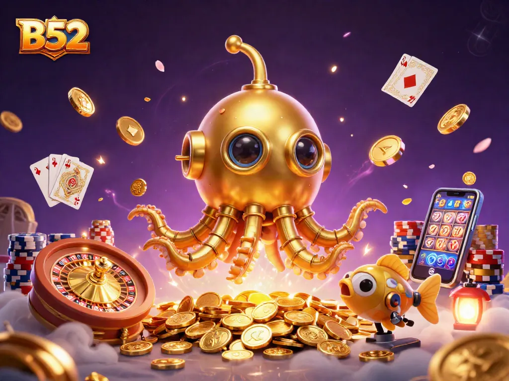 B52 casino action with a golden kraken submarine amidst coins, playing cards, and a roulette wheel