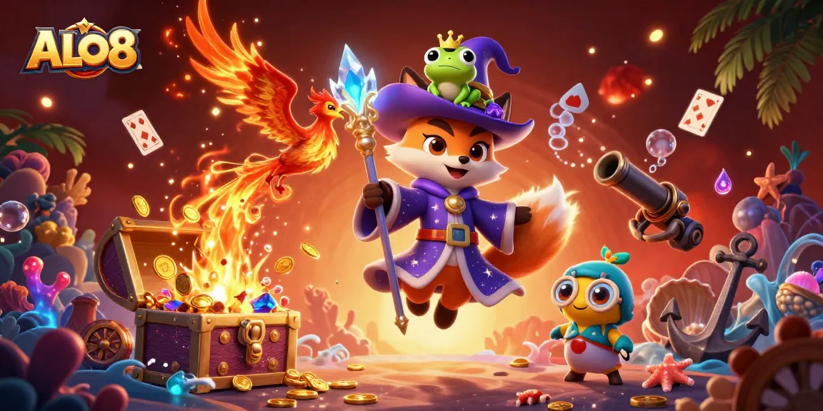 Engage with the thrilling ALO8 gaming experience through vibrant characters and dynamic casino elements.
