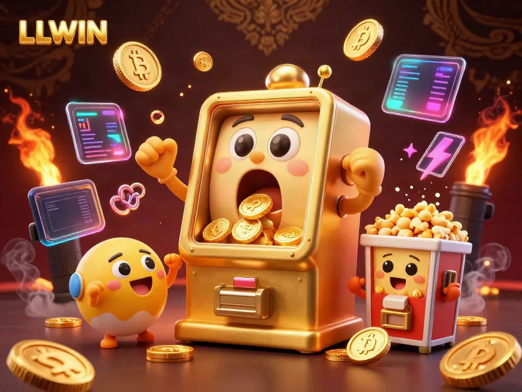 Celebrate winning moments with the cheerful LLWIN slot machine as coins overflow in a vibrant casino scene.