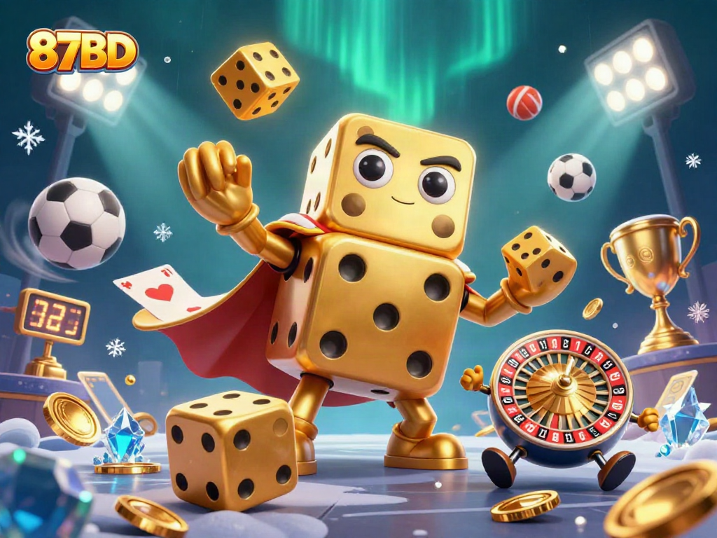 Experience the excitement of 87BD with a vibrant 3D casino scene filled with dynamic gambling elements and characters.