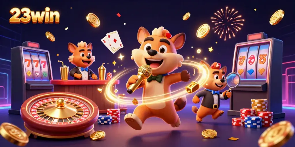 Experience 23win's lively casino atmosphere with 3D hyenas entertaining players amid sparkling gems and gold coins.