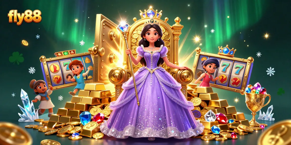 Experience thrilling gaming with fly88 in a rich 3D casino illustration featuring jackpots and treasures.