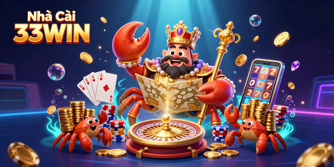 Experience the thrill at Nhà cái 33WIN with a vibrant 3D casino scene filled with golden treasures and lively gaming action.