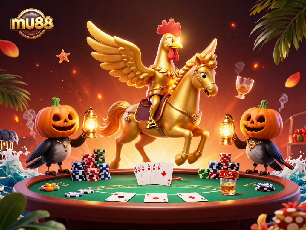 Join the midnight casino action with mu88 as a golden rooster and poker elements shine.