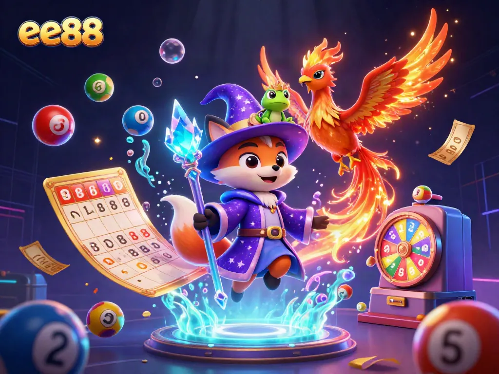 ee88 interactive promotion featuring a wizard fox and phoenix amidst colorful lottery elements.