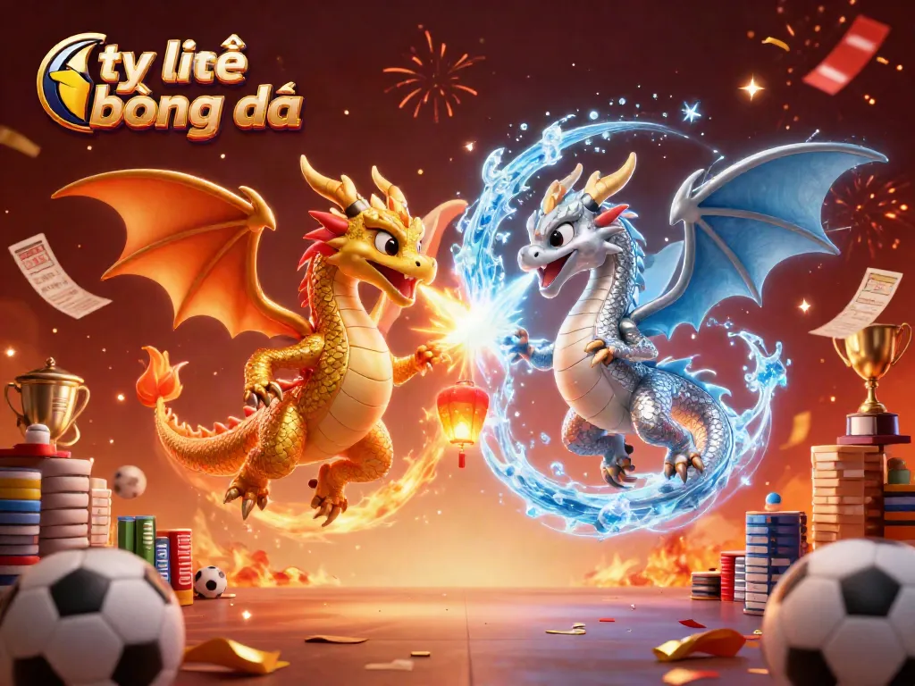 Betting on tỷ lệ bóng đá with dynamic sports elements and fiery dragons in action.