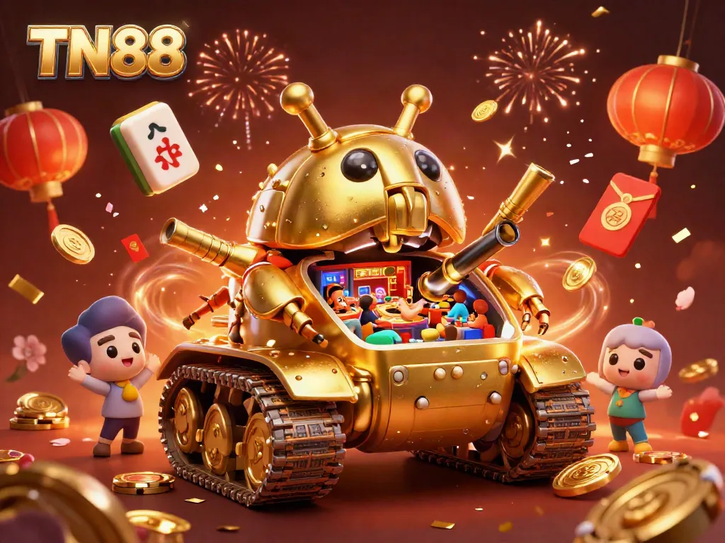 Experience the excitement of TN88 with a vibrant casino scene featuring a golden beetle tank and festive elements.