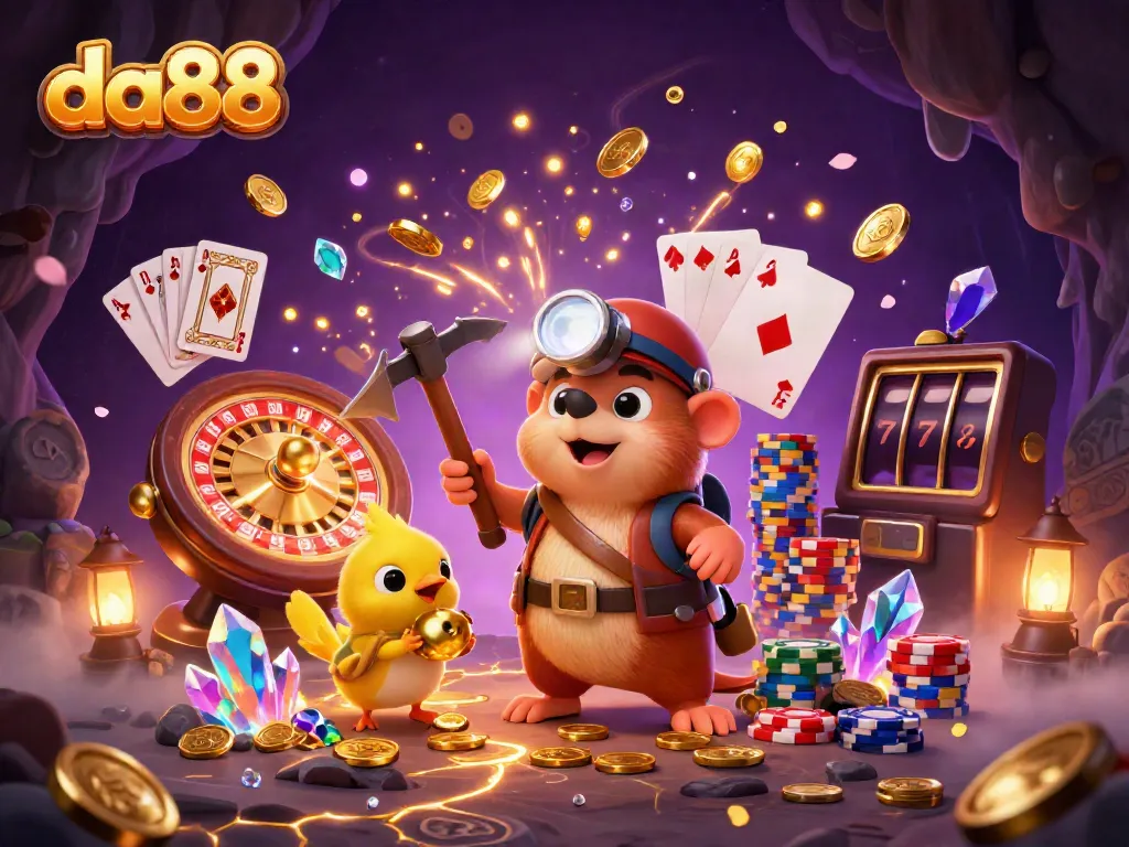 Experience thrilling adventures at da88 with treasure hunter mole and canary in a dynamic casino scene.