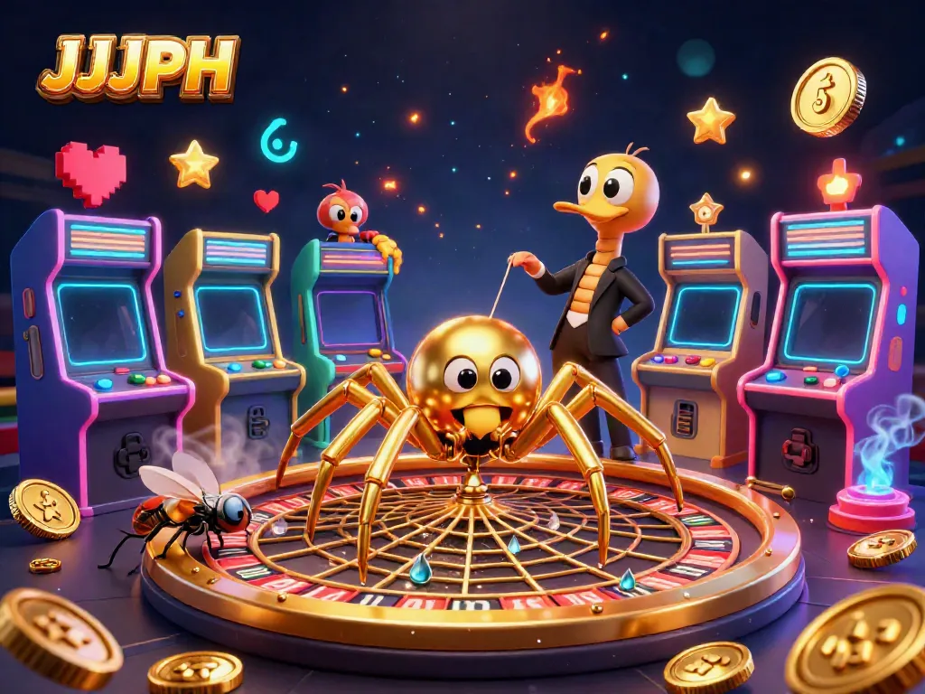 Experience JJJPH thrills with a cartoon spider spinning a roulette web, and a fly betting nervously amid vibrant casino elements.