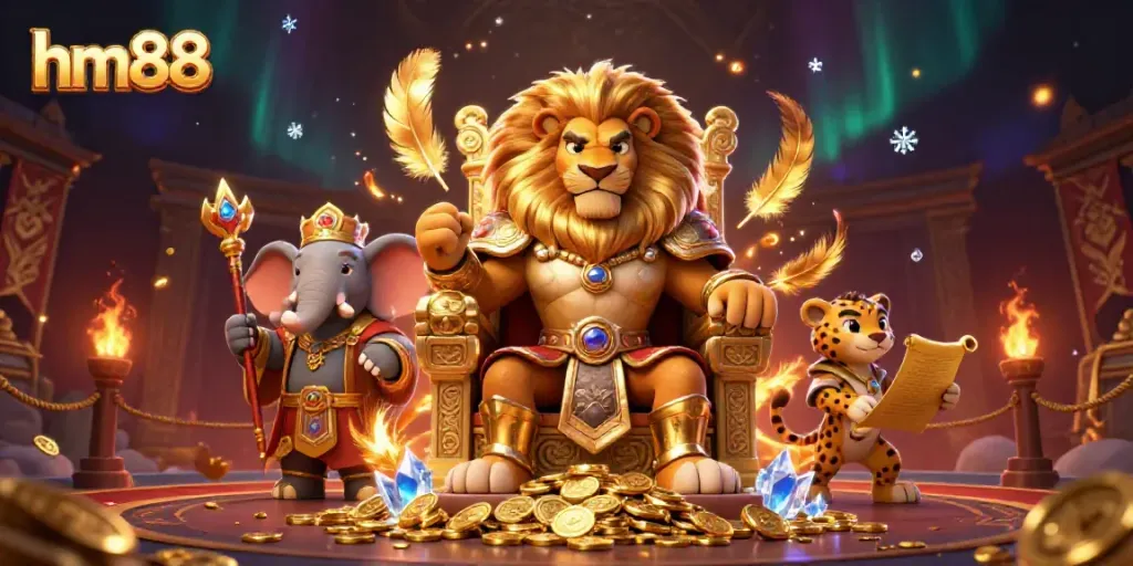 Experience the thrill of casino gaming with hm88 as a lion king rules a golden throne surrounded by vibrant casino elements.