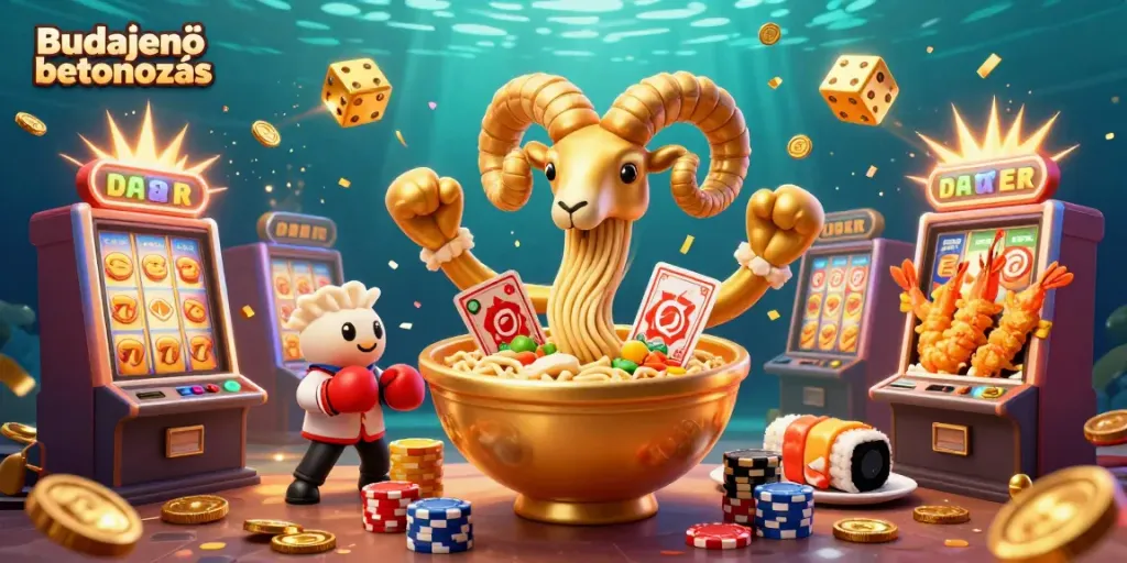 Budajenő betonozás features a golden ramen bowl dealing cards amidst a colorful casino explosion of coins and confetti.