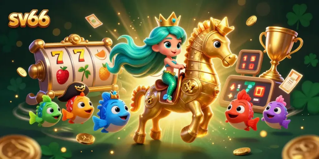 Experience sv66 immersive gaming with a mermaid and seahorse in a vibrant casino scene.