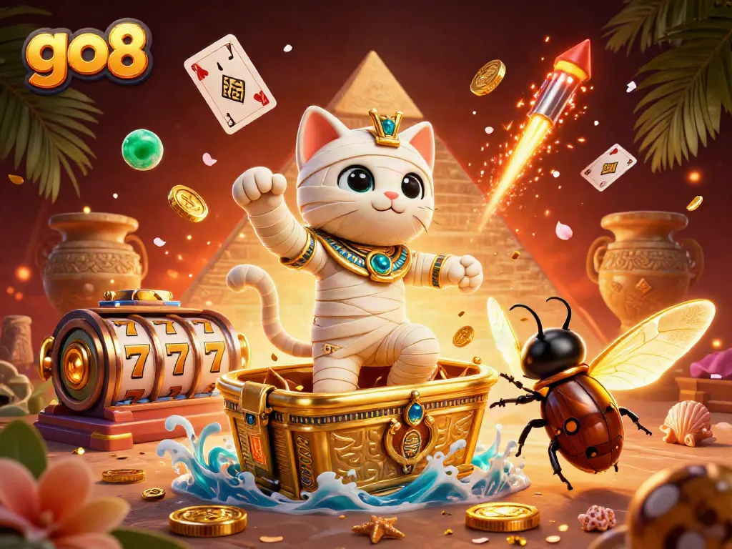 Experience the thrill of go8 at a vibrant casino scene featuring a mummy cat, scarab, and slot elements.
