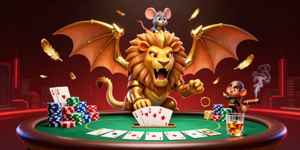 SIN88 showcases a 3D chimera roaring with a mouse jockey amidst poker elements, emphasizing casino excitement.