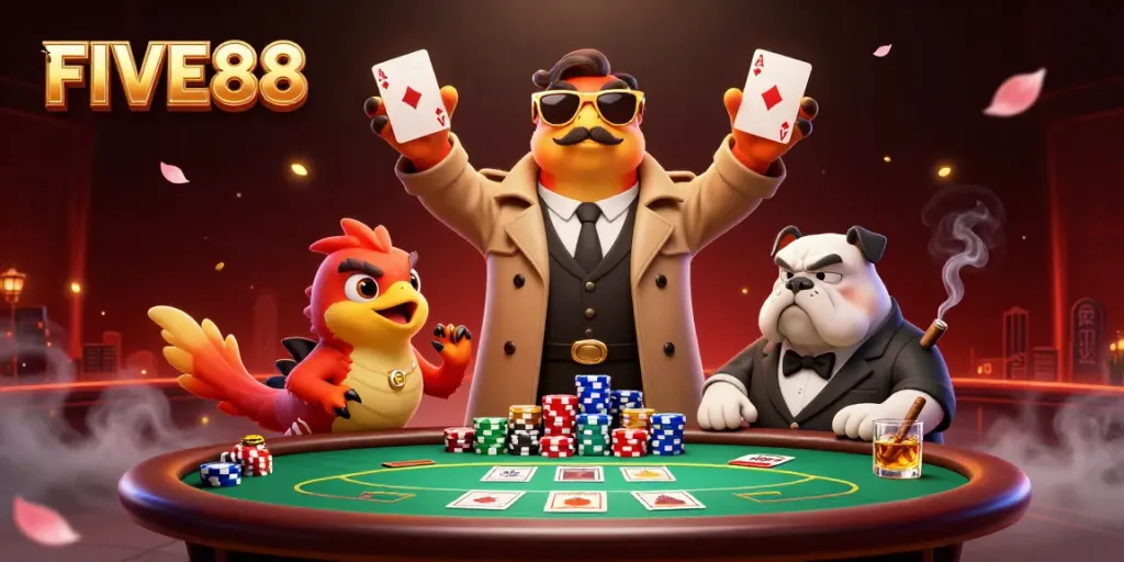 Three raptors attempting to enter a VIP casino lounge at FIVE88, showcasing poker elements and a suspicious bouncer.