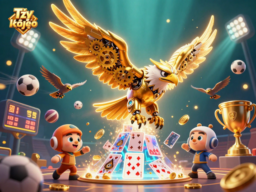 Tỷ lệ kèo showcases a cybernetic eagle diving through holographic cards amidst vibrant sports elements.