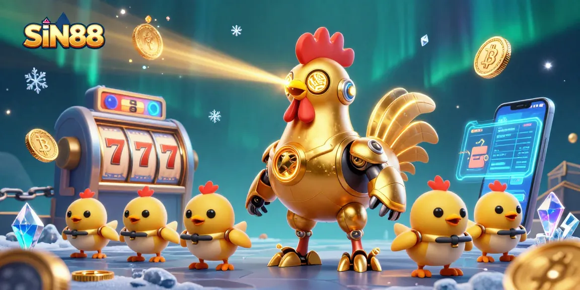 SIN88 showcases a vibrant 3D casino scene with a golden rooster robot and crypto elements infusing energy into the gaming atmosphere.