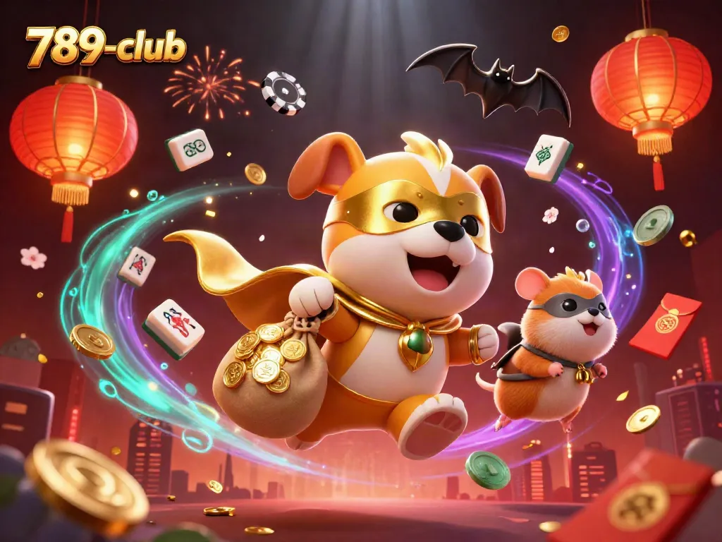 Experience the thrill of 789-club with a superhero dog and lucky symbols in a vibrant casino scene.