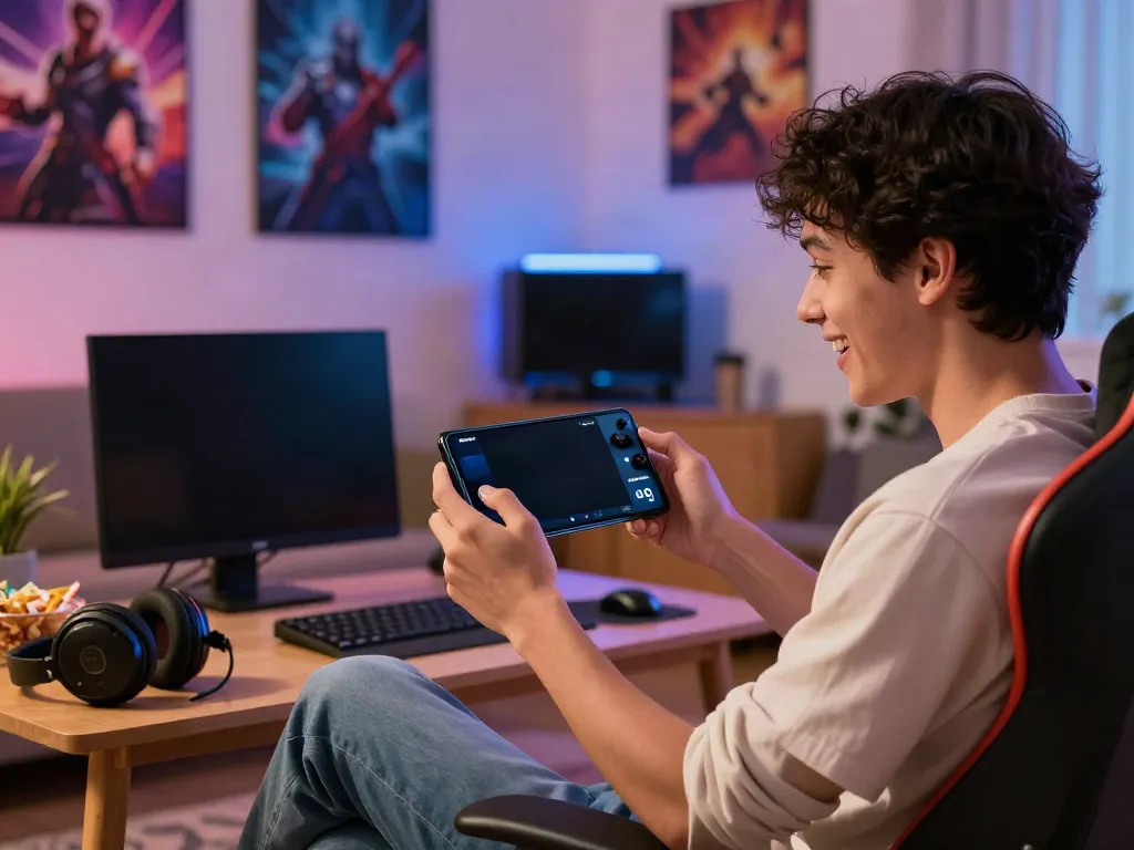 Engaged user playing ORION88 app in a cozy gaming space.