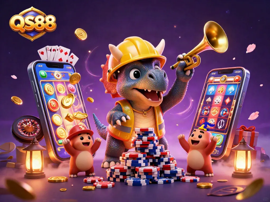 Engage with QS88's thrilling gaming world, featuring vibrant characters and casino elements.
