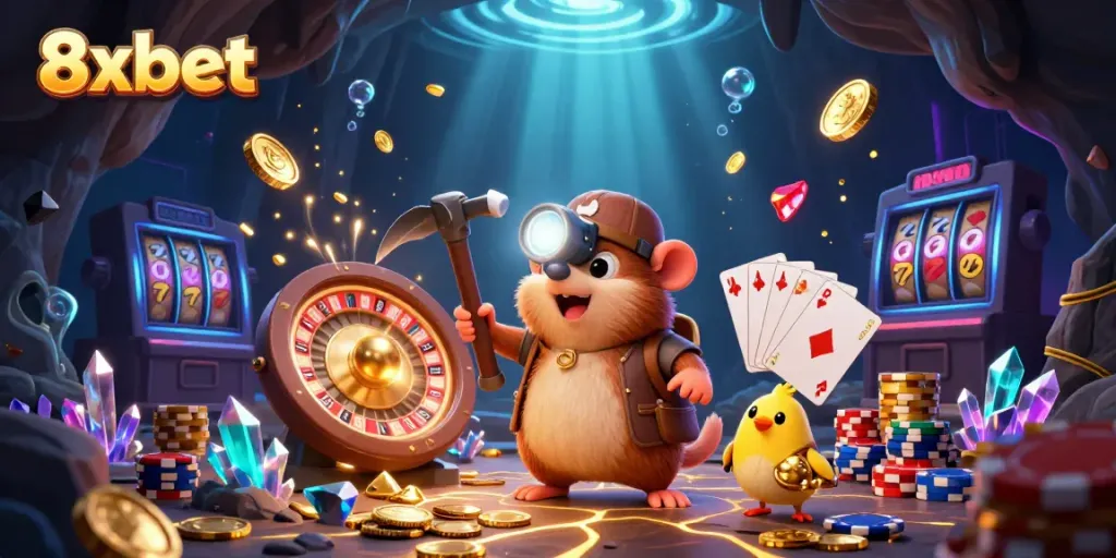 Experience exciting gameplay at 8xbet with vibrant 3D characters, sparkling gems, and dynamic casino elements.