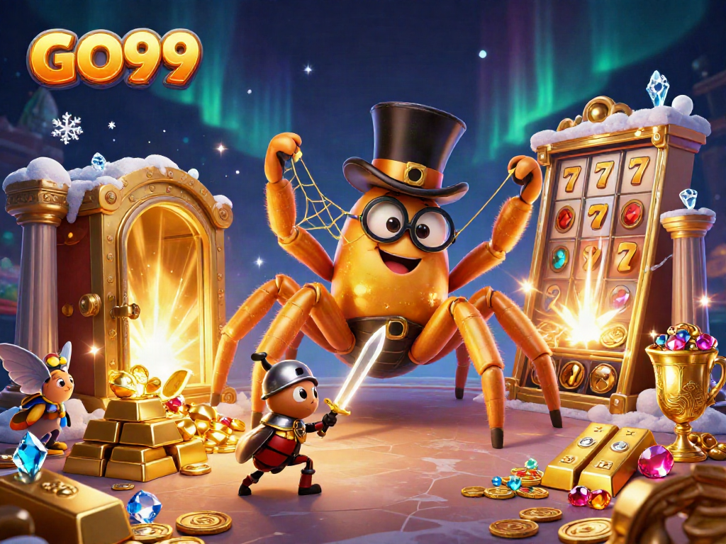 GO99 brings excitement to life in this vibrant 3D casino scene filled with treasures.