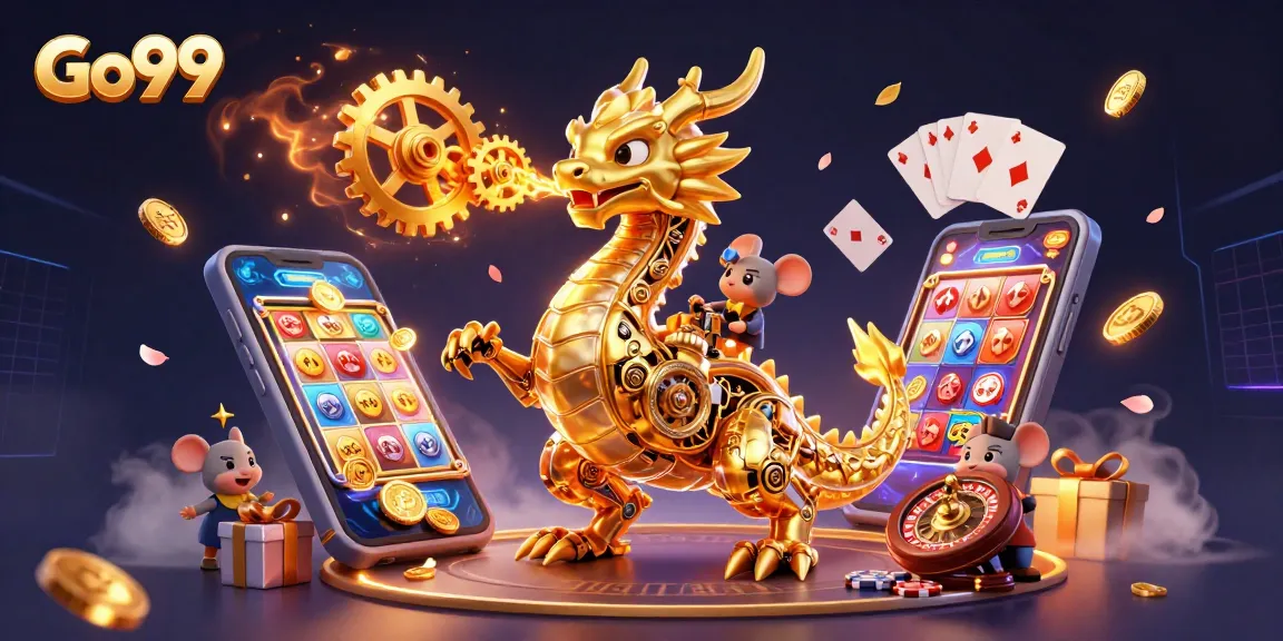 Go99 players experience exciting wins in this vibrant 3D casino illustration with a golden dragon.