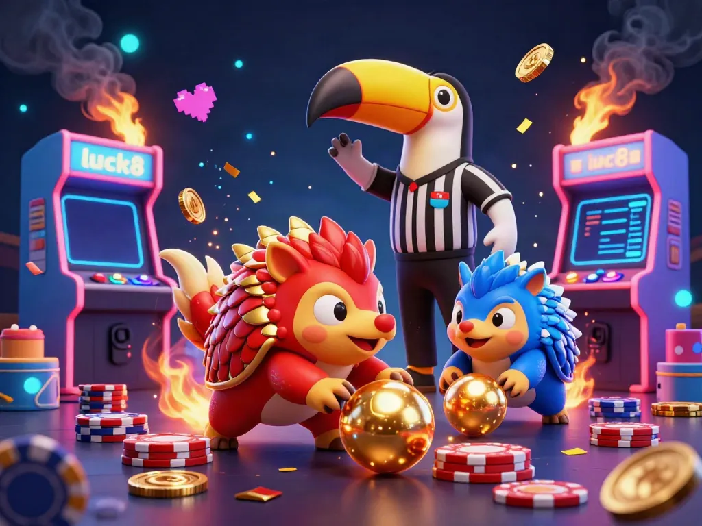 Engage in dynamic gambling action with luck8 as rival pangolins battle amidst golden poker chips in a vibrant casino scene.