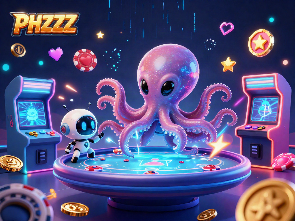 Engage with PHZZZ in this vivid 3D casino scene showcasing an alien octopus at a poker table.