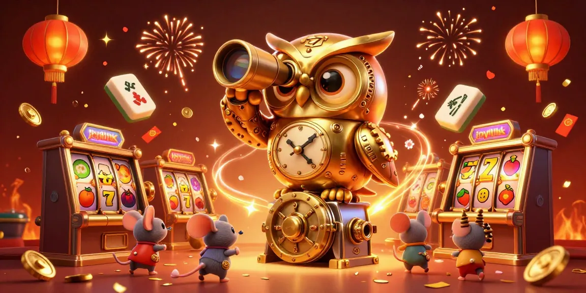 joylink promotes a lively casino scene with an animated owl, festive elements, and slot machines.