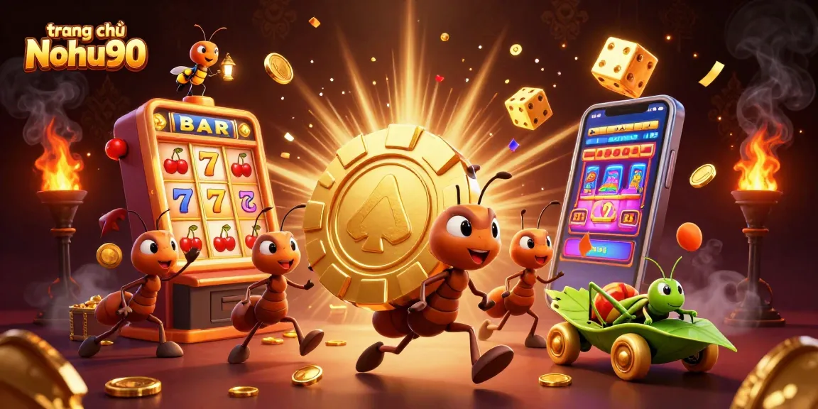 Engaging illustration of a team of ants in a heist featuring the golden poker chip, exploring the vibrant world of trang chủ Nohu90.