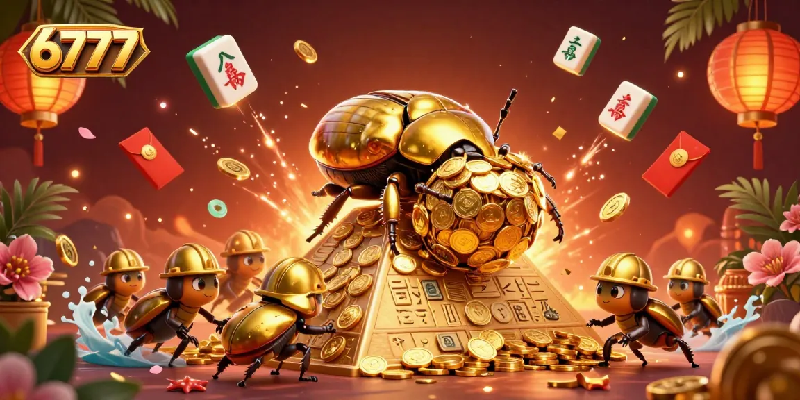 Experience the excitement of 6777 with a fun-filled scene of beetles and golden coins reflecting thrilling casino vibes.