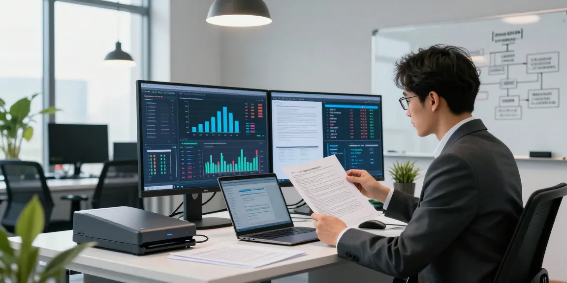 Document fraud detection in a modern workspace, with an analyst reviewing digital documents and data insights.
