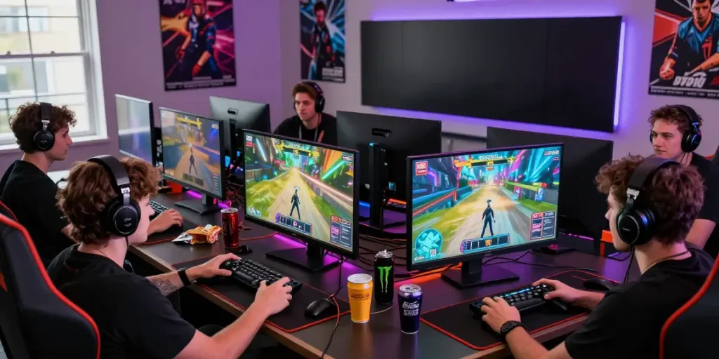 Friends playing HITCLUB in an energized gaming room atmosphere.