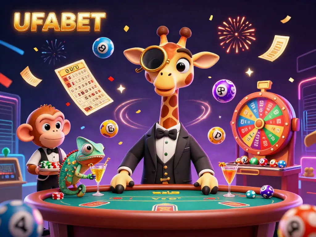 Experience fun at UFABET with a vibrant scene of a high-roller giraffe and monkey valet in a dynamic casino atmosphere.
