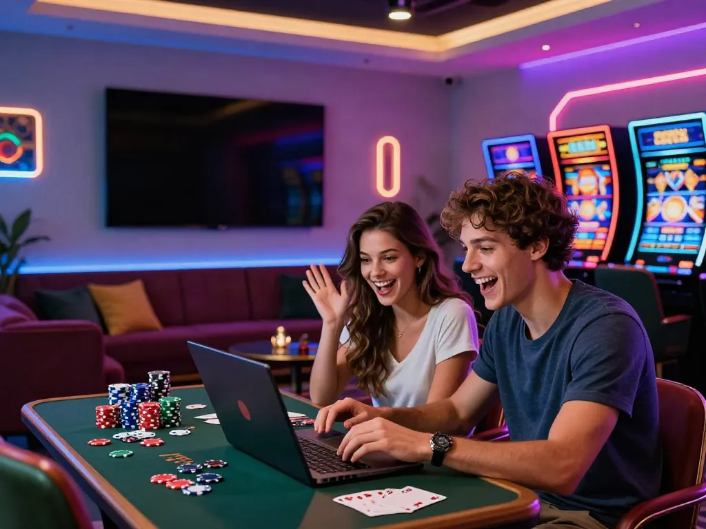 Young couple exploring non GamStop casinos on laptops in a vibrant gaming room.