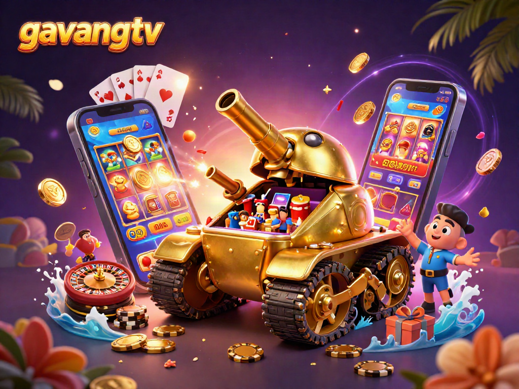 Gavangtv showcases a golden tank-casino bursting with coins and excitement.