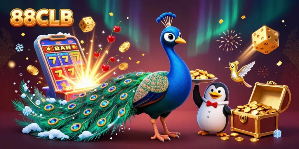 88CLB showcases an extravagant peacock and butler penguin amid vibrant casino gaming elements.