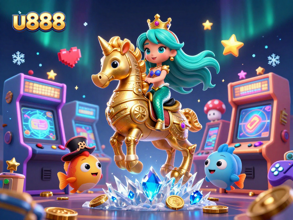 Join the u888 action with a mermaid princess riding a seahorse amidst vibrant casino-themed elements.