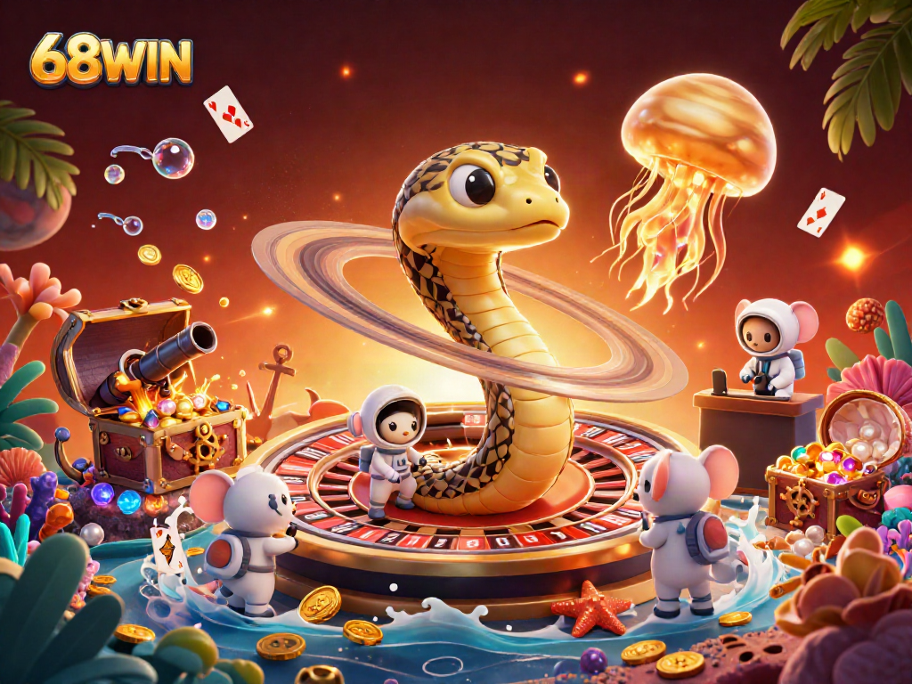 Experience thrilling gameplay with 68WIN as a snake roulette dealer and astronaut mice betting among underwater treasures.