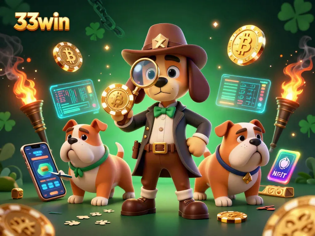 Engage in winning strategies at 33win, examining clues with vibrant casino elements and crypto motifs.