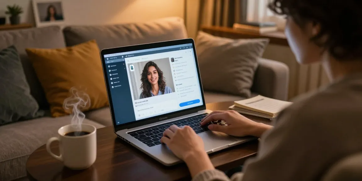 Engaged user experiencing ai sex chat on a laptop in a cozy home setting.